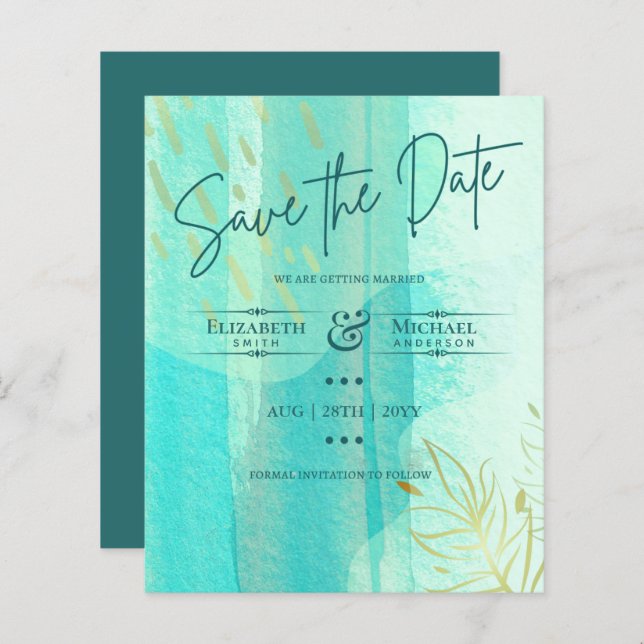 LeahG BUDGET Save The Date Teal Gold Watercolor (Front/Back)