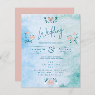 LeahG BUDGET Wedding Invite Folk Art Peach Teal