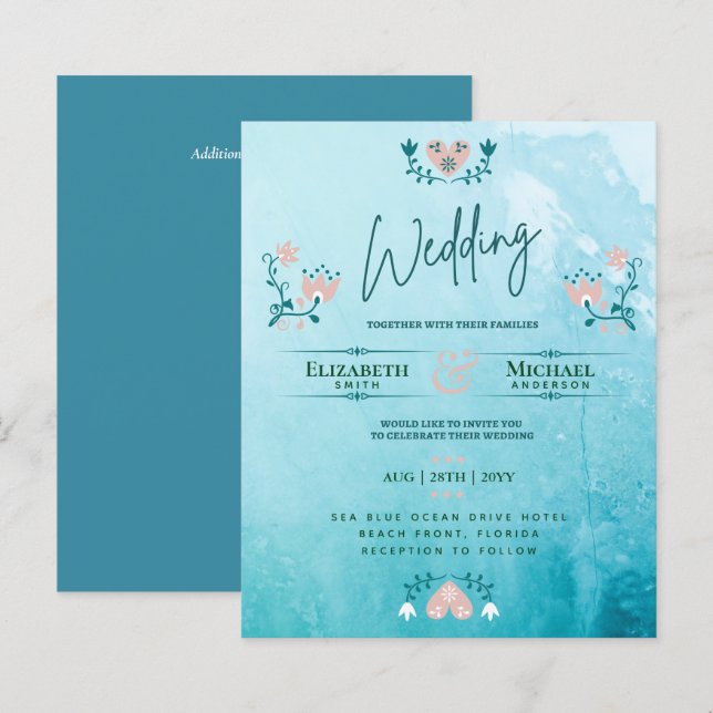LeahG BUDGET Wedding Invite Folk Art Teal Pink (Front/Back)