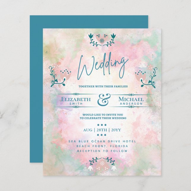 LeahG BUDGET Wedding Invite Folk Art Teal Pink (Front/Back)