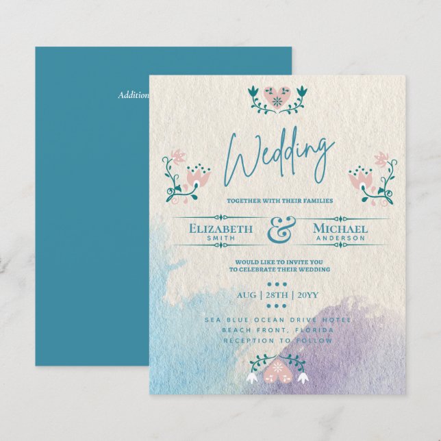 LeahG BUDGET Wedding Invite Folk Art Teal Pink (Front/Back)