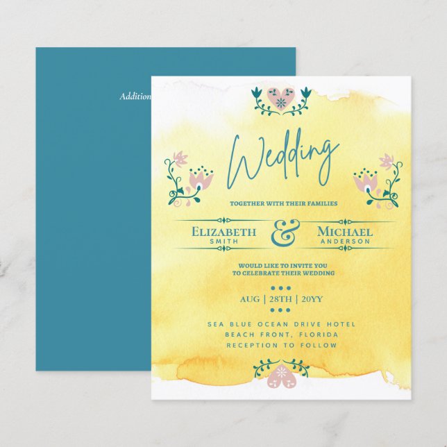 LeahG BUDGET Wedding Invite Folk Art Yellow Teal (Front/Back)