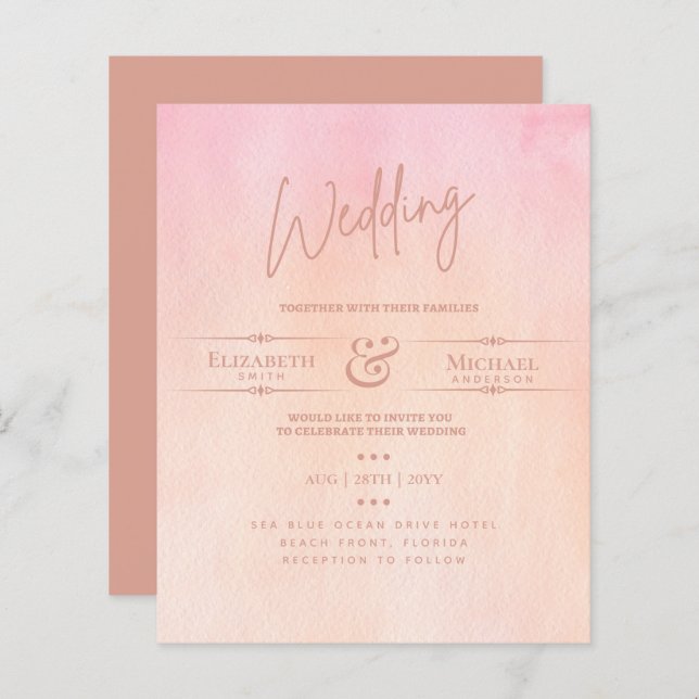 LeahG BUDGET Wedding Invite Peach Pink Watercolor (Front/Back)