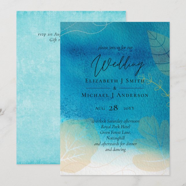 LeahG BUDGET Wedding Ocean Blue Watercolor (Front/Back)