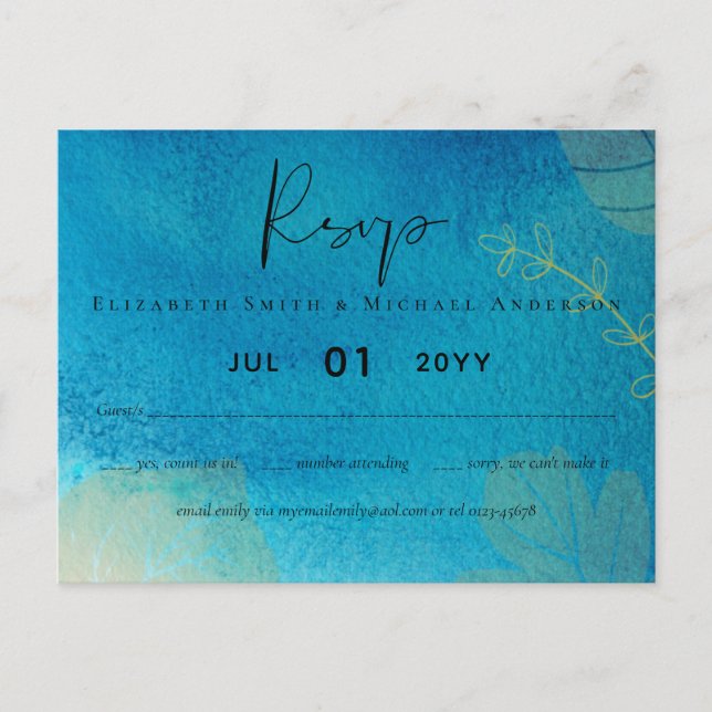 LeahG BUDGET Wedding Ocean Blue Watercolor RSVP Postcard (Front)