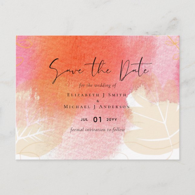 LeahG Budget Wedding Red Orange Watercolor Leaves Postcard (Front)