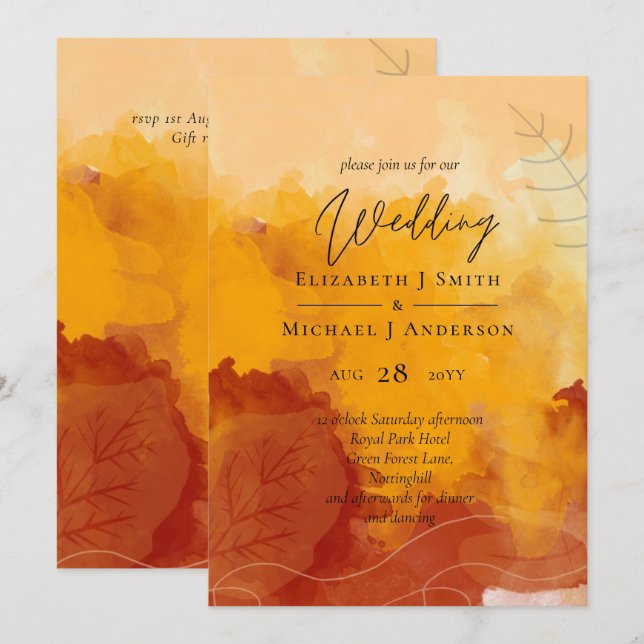 LeahG Budget Wedding Watercolor Sunset Fall Leaves (Front/Back)