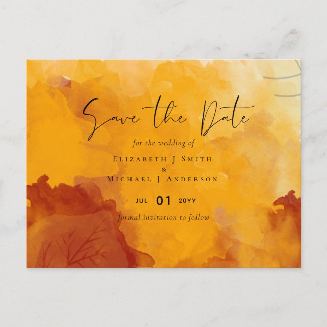 LeahG Budget Wedding Watercolor Sunset Fall Leaves Postcard (Front)