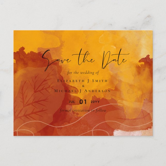 LeahG Budget Wedding Watercolor Sunset Fall Leaves Postcard (Front)