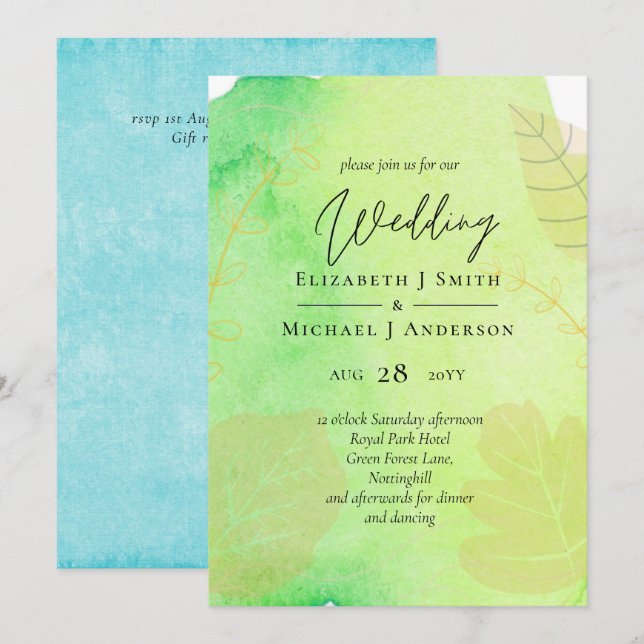 LeahG Budget Wedding Watercolor Teal Green Blue (Front/Back)