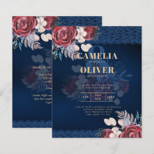 LeahG Burgundy Blue Roses Lace Fall Wedding Invite