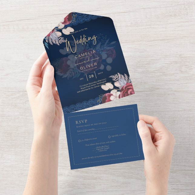 LeahG Burgundy Blue Roses Lace Fall Wedding Invite (Tearaway)