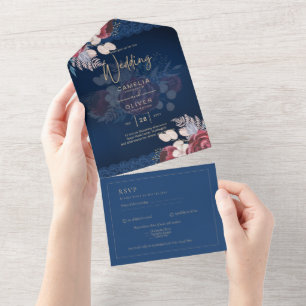 LeahG Burgundy Blue Roses Lace Fall Wedding Invite