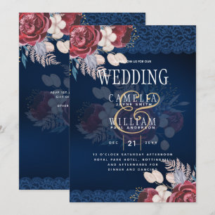 LeahG Burgundy Blue Roses Lace Fall Wedding Invite