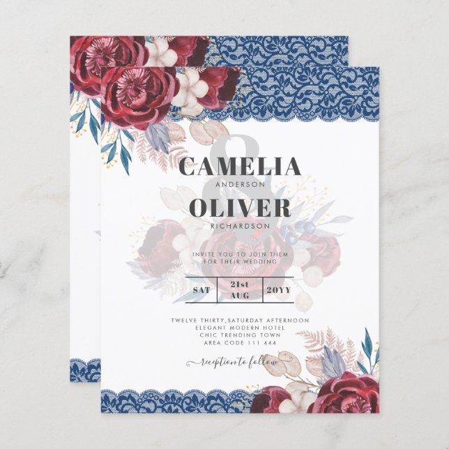 LeahG Burgundy Blue Roses Lace Fall Wedding Invite (Front/Back)