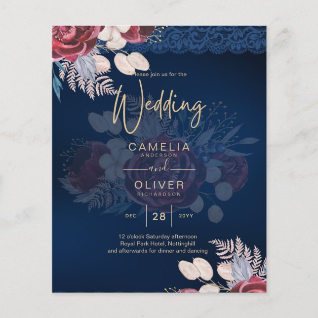 LeahG Burgundy Blue Roses Lace Fall Wedding Invite Flyer (Front)
