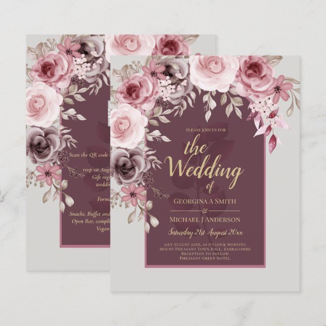 LeahG Burgundy Blush Pink Roses Fall Wedding Inv. (Front/Back)