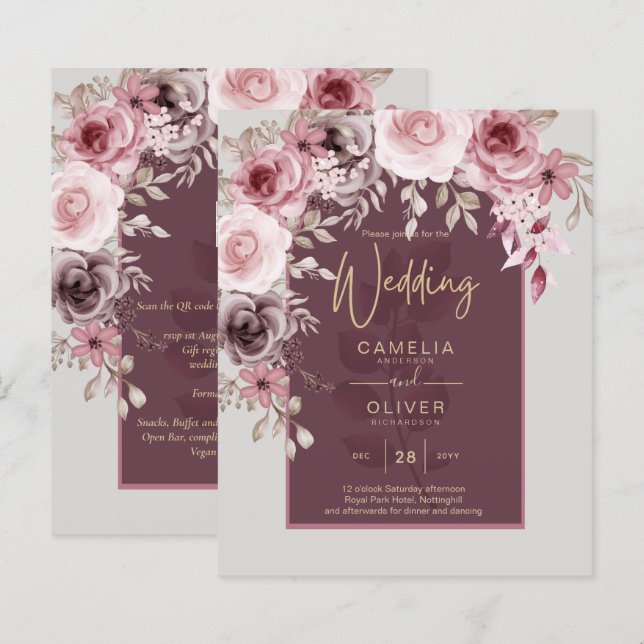 LeahG Burgundy Blush Pink Roses Fall Wedding Inv. (Front/Back)