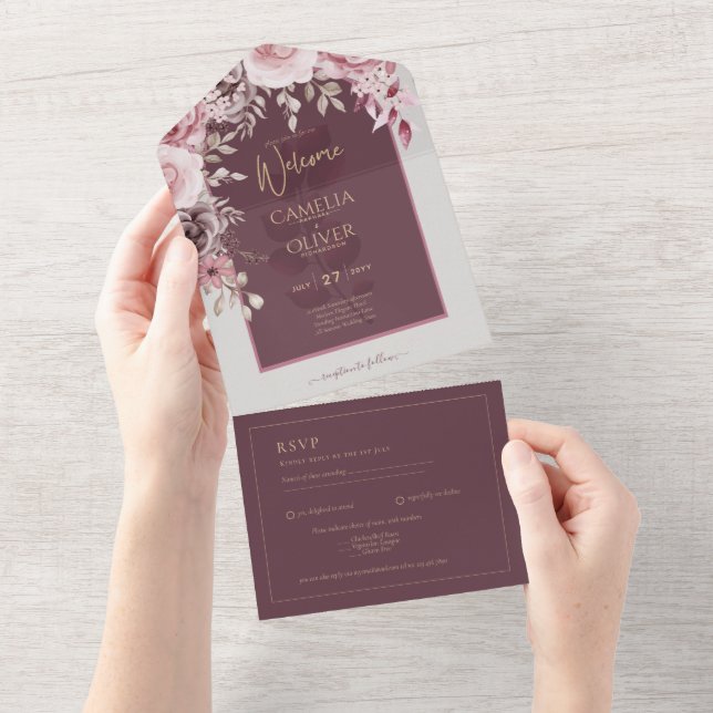 LeahG Burgundy Blush Pink Roses Fall Wedding Inv. All In One Invitation (Tearaway)