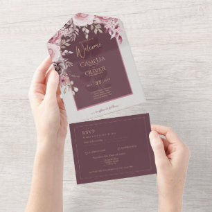 LeahG Burgundy Blush Pink Roses Fall Wedding Inv. All In One Invitation