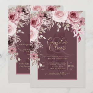 LeahG Burgundy Blush Pink Roses Fall Wedding Inv. Invitation