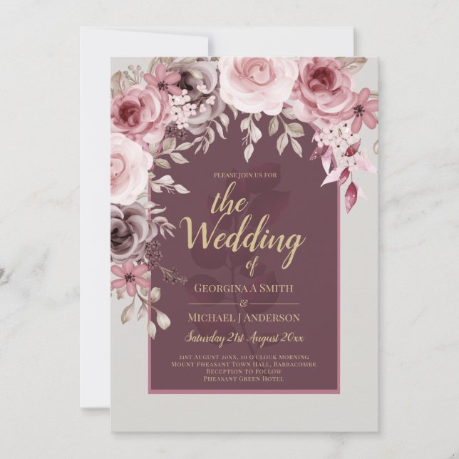 LeahG Burgundy Blush Pink Roses Fall Wedding Inv. Invitation (Front)