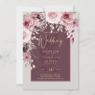 LeahG Burgundy Blush Pink Roses Fall Wedding Inv. Invitation