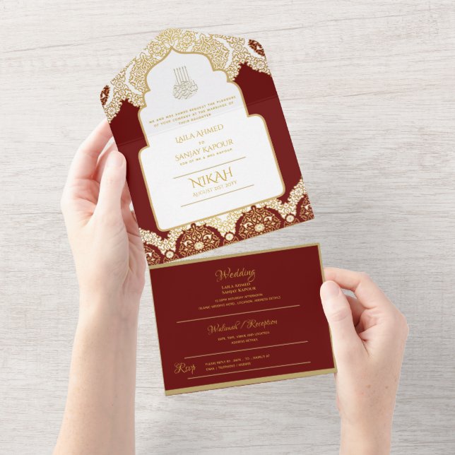 LeahG Burgundy Gold Islamic Muslim Wedding Nikah All In One Invitation (Tearaway)