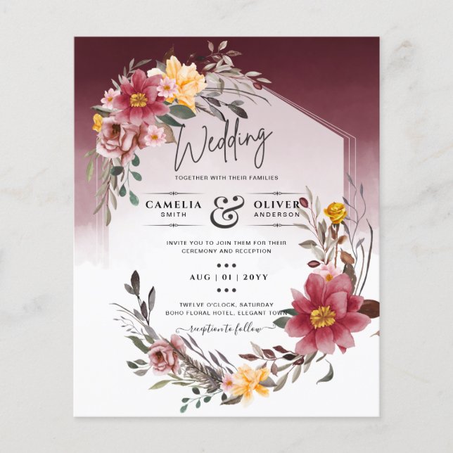 LeahG Burgundy Yellow Floral Wedding Invite Flyer (Front)