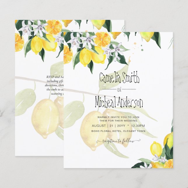 LeahG Citrus Lemons Budget Wedding Invite Yellow (Front/Back)