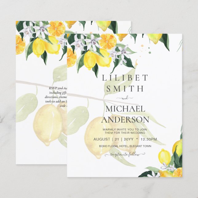 LeahG Citrus Lemons Budget Wedding Invite Yellow (Front/Back)