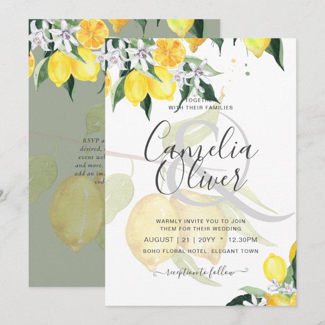 LeahG Citrus Lemons Budget Wedding Invite Yellow (Front/Back)