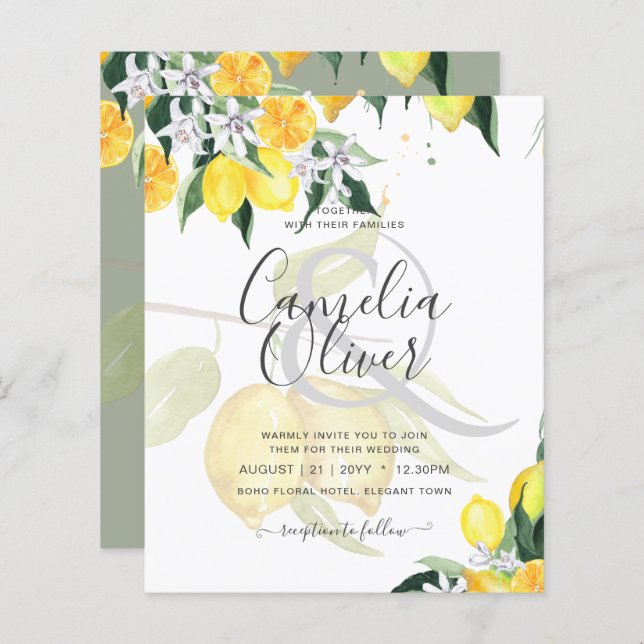LeahG Citrus Lemons Budget Wedding Invite Yellow (Front/Back)