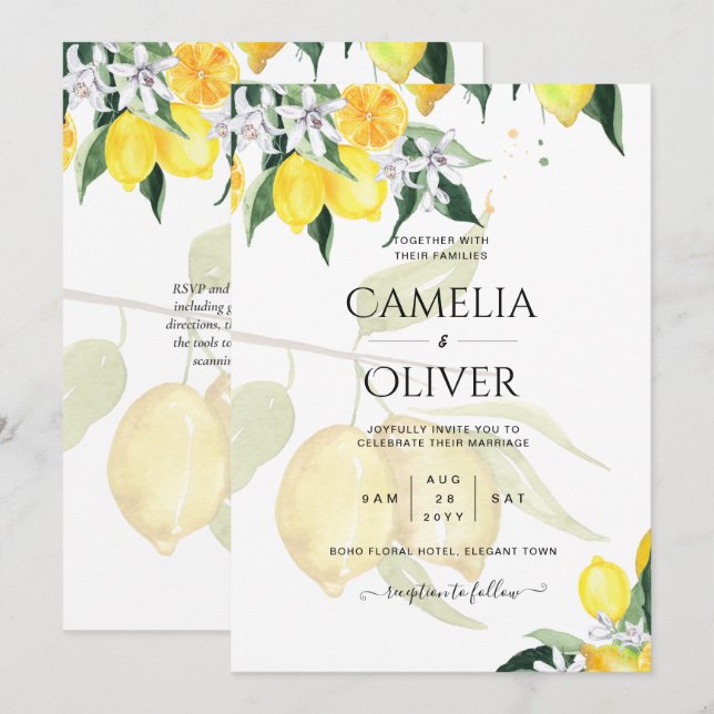 LeahG Citrus Lemons Budget Wedding Invite Yellow (Front/Back)