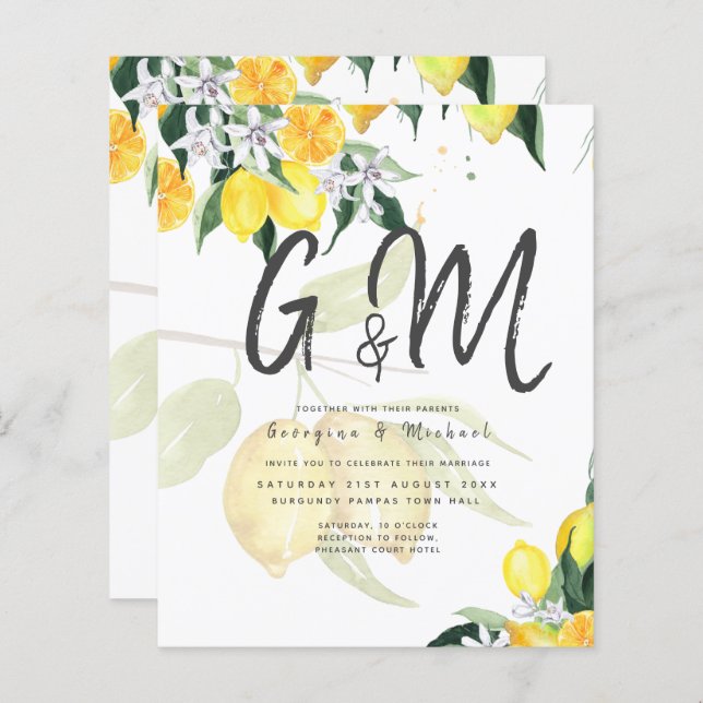 LeahG Citrus Lemons Budget Wedding Invite Yellow (Front/Back)
