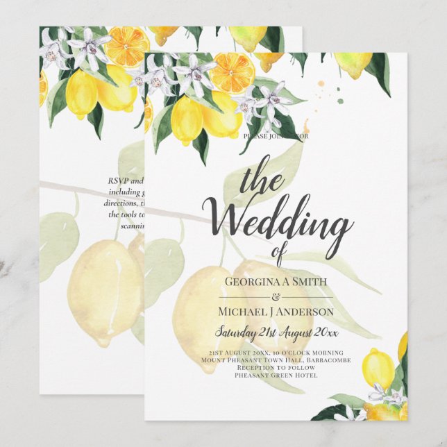 LeahG Citrus Yellow Lemons Wedding Invites (Front/Back)