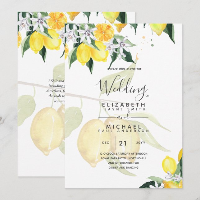 LeahG Citrus Yellow Lemons Wedding Invites (Front/Back)
