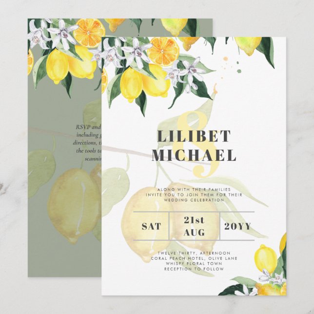 LeahG Citrus Yellow Lemons Wedding Invites (Front/Back)