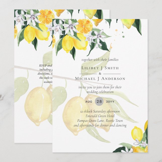LeahG Citrus Yellow Lemons Wedding Invites (Front/Back)