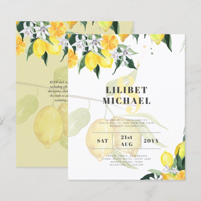 LeahG Citrus Yellow Lemons Wedding Invites (Front/Back)