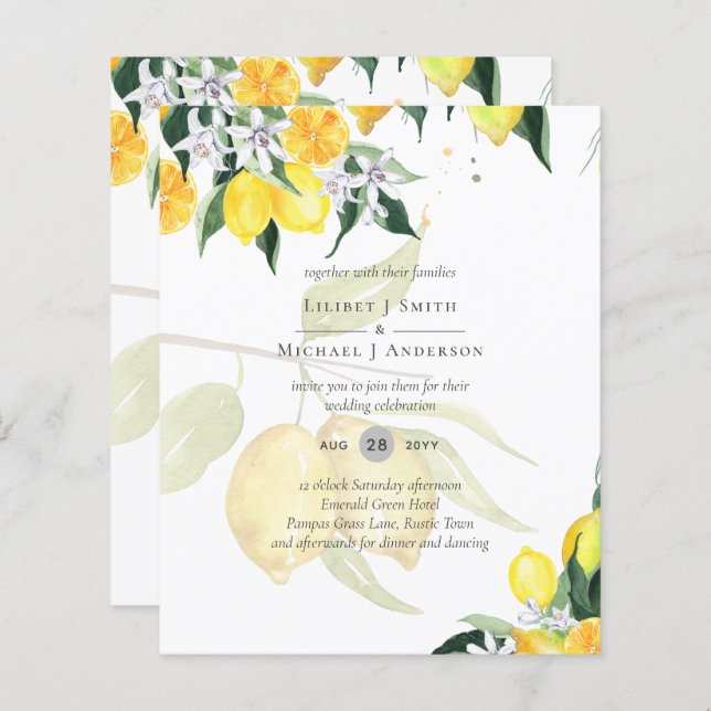 LeahG Citrus Yellow Lemons Wedding Invites (Front/Back)