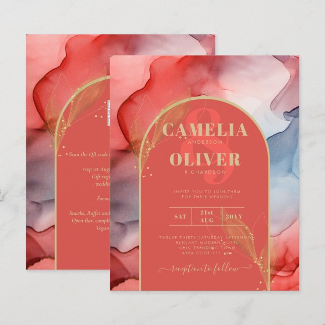 LeahG Coral Navy Blue Gold INK Wedding INVITE (Front/Back)