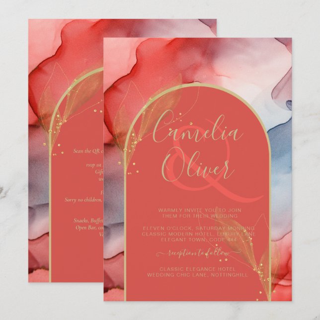 LeahG Coral Navy Blue Gold INK Wedding INVITE (Front/Back)