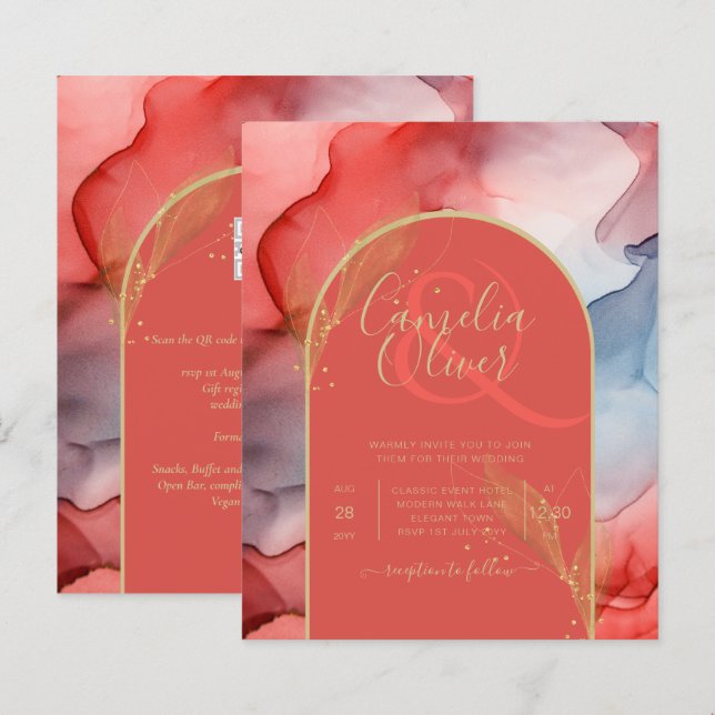 LeahG Coral Navy Blue Gold INK Wedding INVITE (Front/Back)