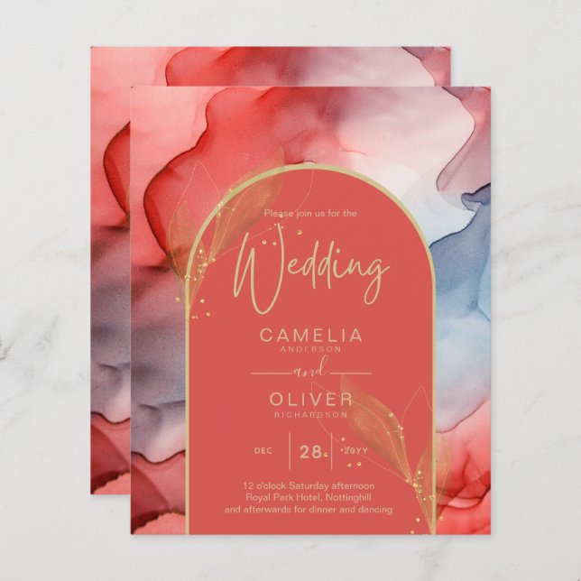 LeahG Coral Navy Blue Gold INK Wedding INVITE (Front/Back)