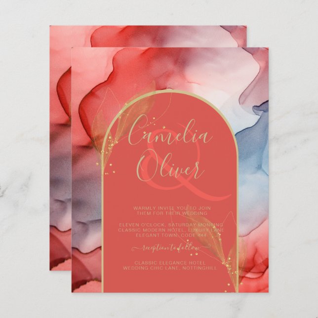 LeahG Coral Navy Blue Gold INK Wedding INVITE (Front/Back)
