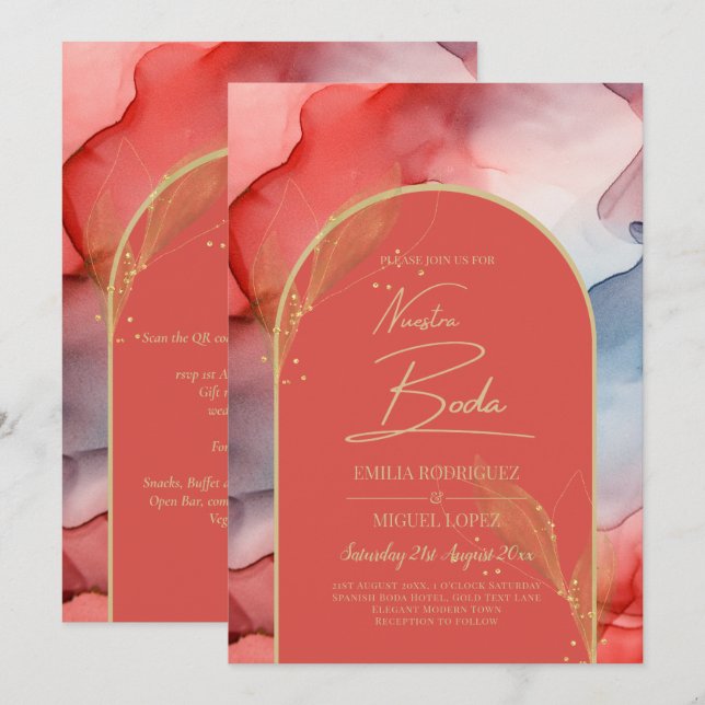 LeahG Coral Navy Blue Gold INK Wedding INVITE (Front/Back)