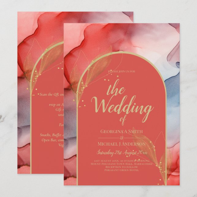 LeahG Coral Navy Blue Gold INK Wedding INVITE (Front/Back)