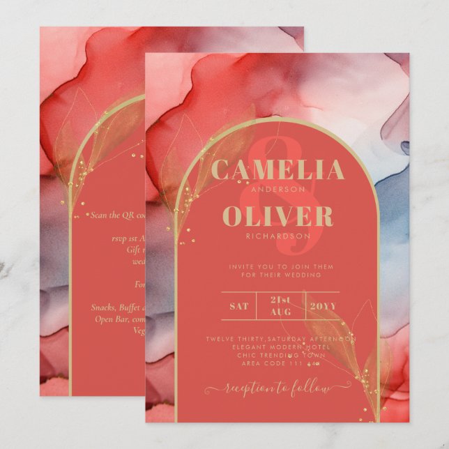 LeahG Coral Navy Blue Gold INK Wedding INVITE (Front/Back)