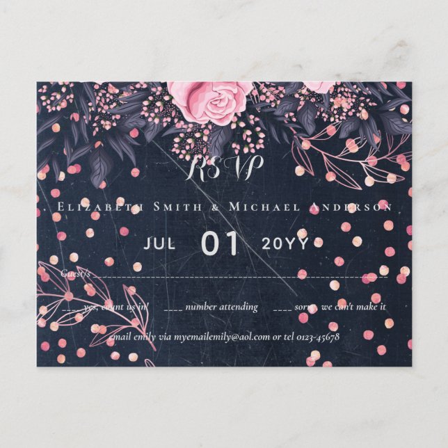 LeahG Denim Blue Rosegold Pink Floral Wedding Postcard (Front)